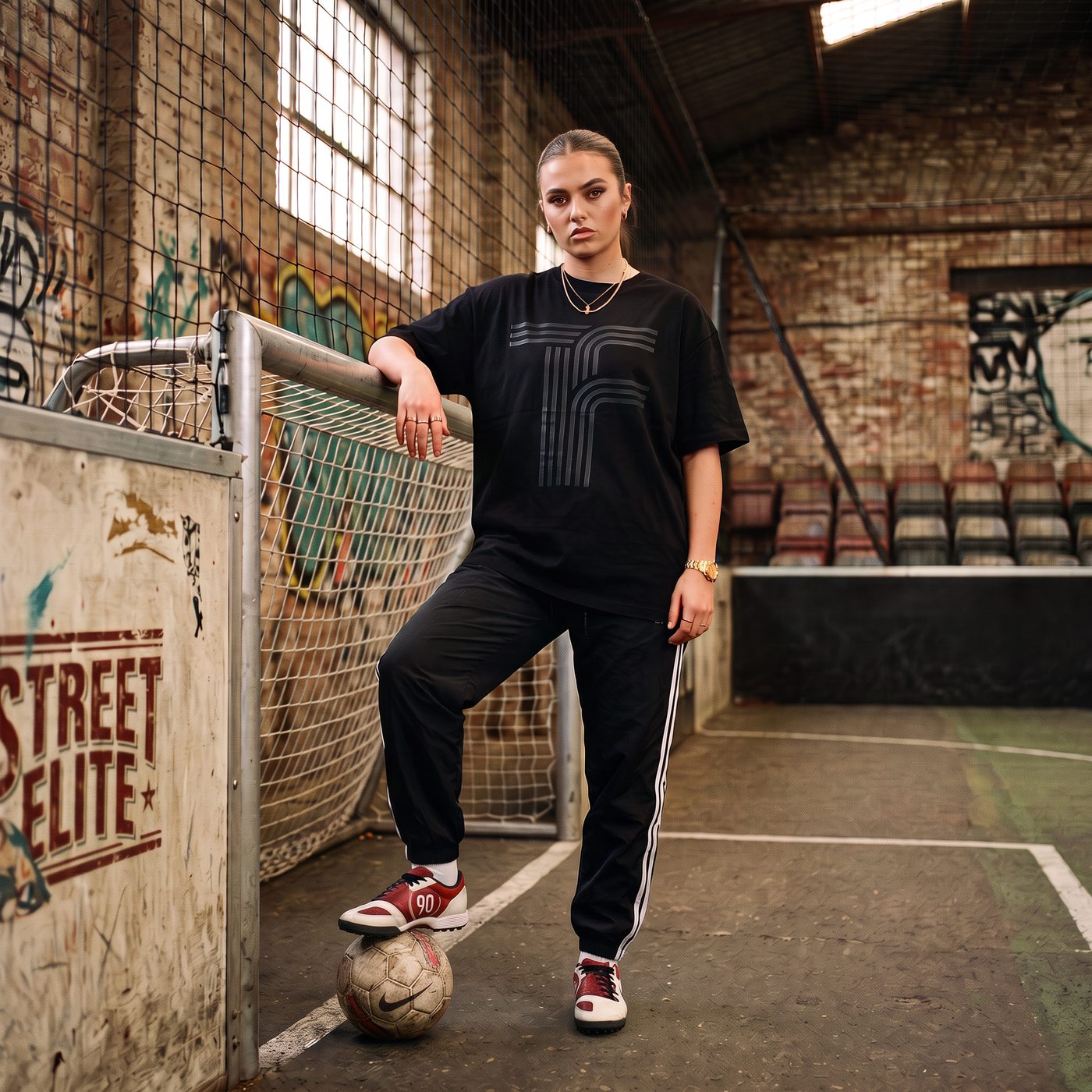 A player leaning on the goal frame inside a caged pitch, one foot on the ball, wearing a black oversized tee with the TF monogram