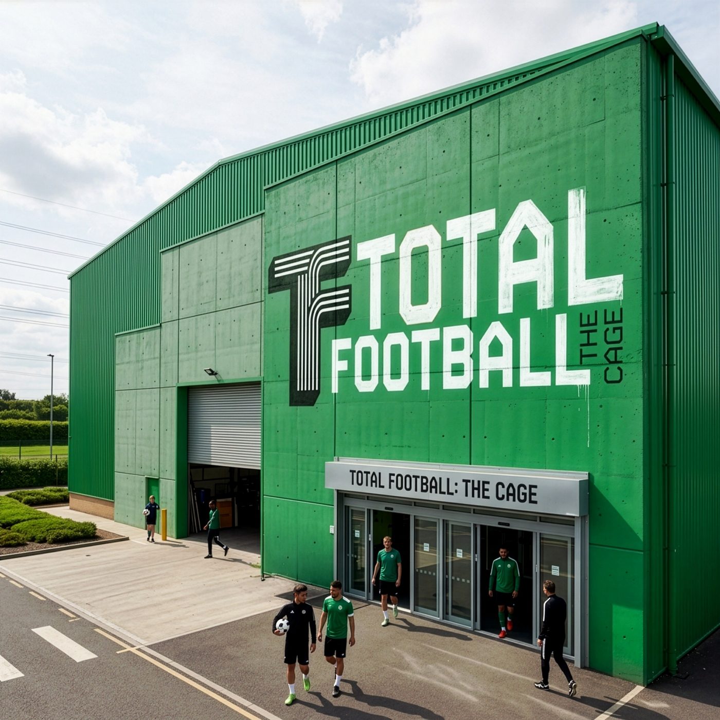 A green industrial building with the Total Football: The Cage lockup painted across its concrete wall, players walking out of the glass entrance below